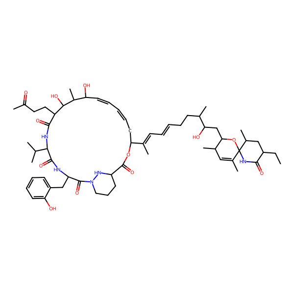 2D Structure of 18-[10-(9-Ethyl-3,5,11-trimethyl-8-oxo-1-oxa-7-azaspiro[5.5]undec-4-en-2-yl)-9-hydroxy-8-methyldeca-2,4-dien-2-yl]-10,12-dihydroxy-3-[(2-hydroxyphenyl)methyl]-11-methyl-9-(3-oxobutyl)-6-propan-2-yl-19-oxa-1,4,7,25-tetrazabicyclo[19.3.1]pentacosa-13,15-diene-2,5,8,20-tetrone