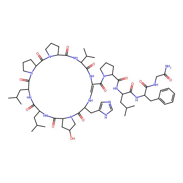 2D Structure of N-[1-[[1-[(2-amino-2-oxoethyl)amino]-1-oxo-3-phenylpropan-2-yl]amino]-4-methyl-1-oxopentan-2-yl]-1-[17-hydroxy-21-(1H-imidazol-5-ylmethyl)-9,12-bis(2-methylpropyl)-2,8,11,14,20,26,29-heptaoxo-27-propan-2-yl-1,7,10,13,19,22,25,28-octazatetracyclo[28.3.0.03,7.015,19]tritriacont-23-ene-24-carbonyl]pyrrolidine-2-carboxamide