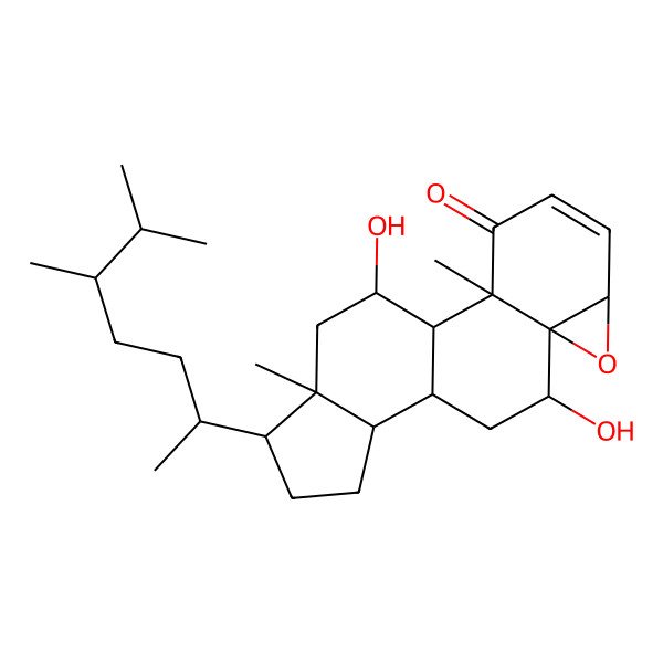 2D Structure of (1S,2R,6S,8S,9R,11S,12S,15R,16R,18R)-15-[(2R,5S)-5,6-dimethylheptan-2-yl]-9,18-dihydroxy-2,16-dimethyl-7-oxapentacyclo[9.7.0.02,8.06,8.012,16]octadec-4-en-3-one