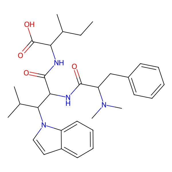 2D Structure of 2-[[2-[[2-(Dimethylamino)-3-phenylpropanoyl]amino]-3-indol-1-yl-4-methylpentanoyl]amino]-3-methylpentanoic acid