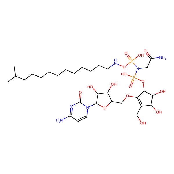 2D Structure of N-(2-amino-2-oxoethyl)-[(1S,4R,5R)-2-[[(2S,3S,4R,5R)-5-(4-amino-2-oxopyrimidin-1-yl)-3,4-dihydroxyoxolan-2-yl]methoxy]-4,5-dihydroxy-3-(hydroxymethyl)cyclopent-2-en-1-yl]oxy-N-[hydroxy-(12-methyltridecylamino)oxyphosphoryl]phosphonamidic acid