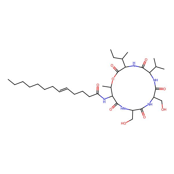 2D Structure of N-[3-butan-2-yl-9,12-bis(hydroxymethyl)-16-methyl-2,5,8,11,14-pentaoxo-6-propan-2-yl-1-oxa-4,7,10,13-tetrazacyclohexadec-15-yl]tridec-5-enamide