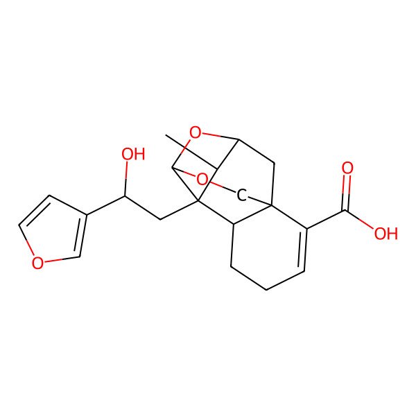 2D Structure of (1S,6S,7R,8S,9R,11R)-7-[(2S)-2-(furan-3-yl)-2-hydroxyethyl]-8-methyl-10,12-dioxatetracyclo[7.4.1.01,6.07,11]tetradec-2-ene-2-carboxylic acid