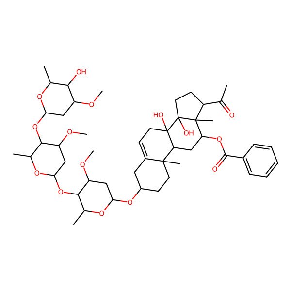 2D Structure of [(3S,8S,9R,10R,12R,13S,14R)-17-acetyl-8,14-dihydroxy-3-[(2R,4S,5R,6R)-5-[(2S,4S,5R,6R)-5-[(2S,4S,5R,6R)-5-hydroxy-4-methoxy-6-methyloxan-2-yl]oxy-4-methoxy-6-methyloxan-2-yl]oxy-4-methoxy-6-methyloxan-2-yl]oxy-10,13-dimethyl-2,3,4,7,9,11,12,15,16,17-decahydro-1H-cyclopenta[a]phenanthren-12-yl] benzoate