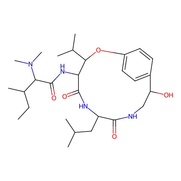 2D Structure of 2-(dimethylamino)-N-[11-hydroxy-7-(2-methylpropyl)-5,8-dioxo-3-propan-2-yl-2-oxa-6,9-diazabicyclo[10.2.2]hexadeca-1(14),12,15-trien-4-yl]-3-methylpentanamide