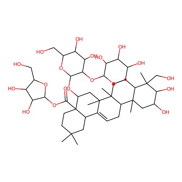2D Structure of [(2S,3S,4S,5R)-3,4-dihydroxy-5-(hydroxymethyl)oxolan-2-yl] (4aR,5R,6aR,6aS,6bR,8aR,9R,10R,11S,12aR,14bS)-5-[(2R,3R,4S,5S,6R)-4,5-dihydroxy-6-(hydroxymethyl)-3-[(2S,3S,4R,5R)-3,4,5-trihydroxyoxan-2-yl]oxyoxan-2-yl]oxy-10,11-dihydroxy-9-(hydroxymethyl)-2,2,6a,6b,9,12a-hexamethyl-1,3,4,5,6,6a,7,8,8a,10,11,12,13,14b-tetradecahydropicene-4a-carboxylate
