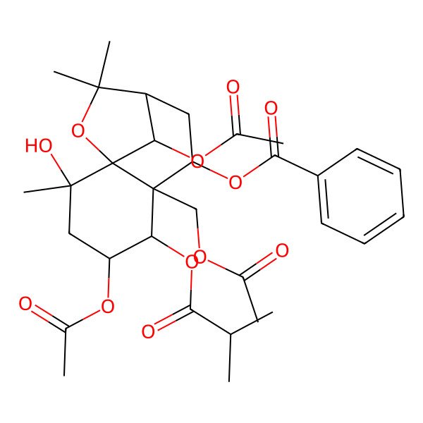 2D Structure of [(1S,2S,4S,5R,6R,7S,9R,12R)-4,12-diacetyloxy-6-(acetyloxymethyl)-2-hydroxy-2,10,10-trimethyl-5-(2-methylpropanoyloxy)-11-oxatricyclo[7.2.1.01,6]dodecan-7-yl] benzoate