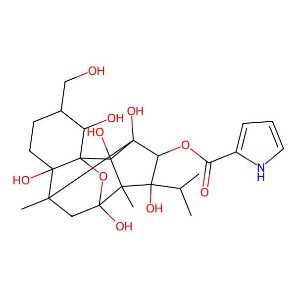 2D Structure of [2,6,9,11,13,14-hexahydroxy-3-(hydroxymethyl)-7,10-dimethyl-11-propan-2-yl-15-oxapentacyclo[7.5.1.01,6.07,13.010,14]pentadecan-12-yl] 1H-pyrrole-2-carboxylate