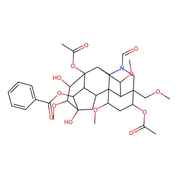 2D Structure of [8,14-Diacetyloxy-11-formyl-5,7-dihydroxy-6,16,18-trimethoxy-13-(methoxymethyl)-11-azahexacyclo[7.7.2.12,5.01,10.03,8.013,17]nonadecan-4-yl] benzoate