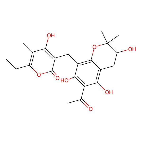 2D Structure of 3-[(6-Acetyl-3,5,7-trihydroxy-2,2-dimethyl-3,4-dihydrochromen-8-yl)methyl]-6-ethyl-4-hydroxy-5-methylpyran-2-one