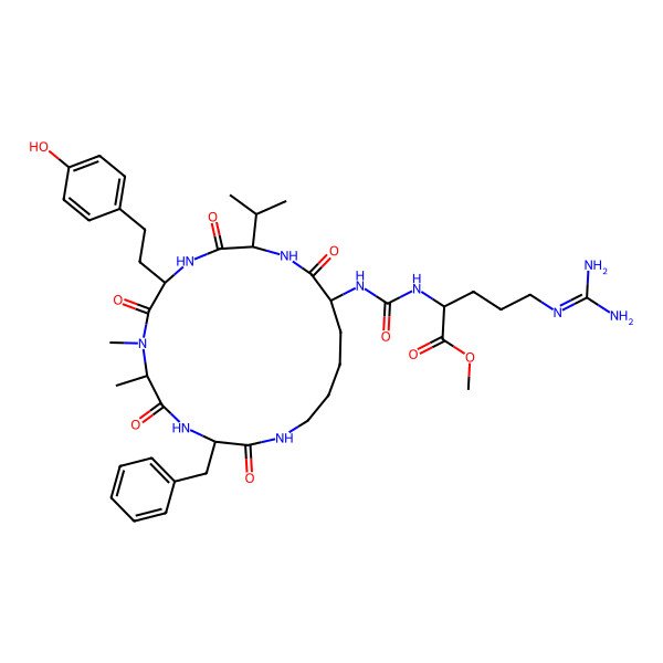 2D Structure of Methyl 2-[[3-benzyl-9-[2-(4-hydroxyphenyl)ethyl]-6,7-dimethyl-2,5,8,11,14-pentaoxo-12-propan-2-yl-1,4,7,10,13-pentazacyclononadec-15-yl]carbamoylamino]-5-(diaminomethylideneamino)pentanoate