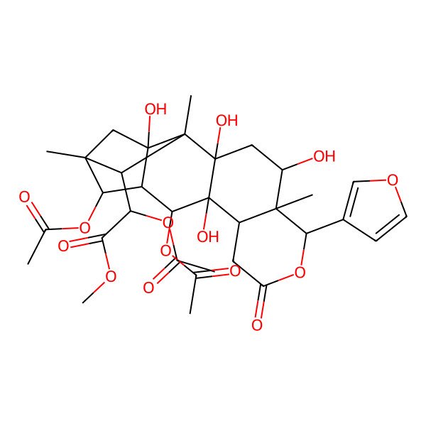 2D Structure of Methyl 2-acetyloxy-2-[12,14-diacetyloxy-6-(furan-3-yl)-2,4,11,17-tetrahydroxy-1,5,15-trimethyl-8-oxo-7-oxapentacyclo[13.2.1.02,11.05,10.013,17]octadecan-18-yl]acetate