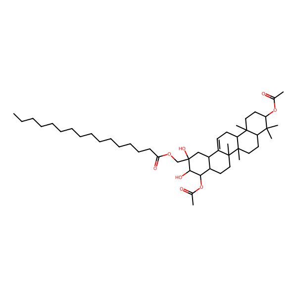 2D Structure of [(2S,3R,4R,4aR,6aR,6aS,6bR,8aR,10R,12aR,14bR)-4,10-diacetyloxy-2,3-dihydroxy-6a,6b,9,9,12a-pentamethyl-3,4,4a,5,6,6a,7,8,8a,10,11,12,13,14b-tetradecahydro-1H-picen-2-yl]methyl hexadecanoate