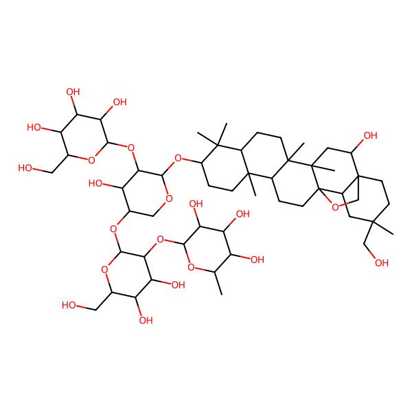 2D Structure of (2S,3S,4S,5S,6R)-2-[(2S,3R,4S,5S,6R)-4,5-dihydroxy-2-[(3R,4R,5S,6R)-4-hydroxy-6-[[(1S,2R,4S,5R,8R,10S,13R,14R,17S,18R,20S)-2-hydroxy-20-(hydroxymethyl)-4,5,9,9,13,20-hexamethyl-24-oxahexacyclo[15.5.2.01,18.04,17.05,14.08,13]tetracosan-10-yl]oxy]-5-[(2S,3R,4S,5S,6R)-3,4,5-trihydroxy-6-(hydroxymethyl)oxan-2-yl]oxyoxan-3-yl]oxy-6-(hydroxymethyl)oxan-3-yl]oxy-6-methyloxane-3,4,5-triol