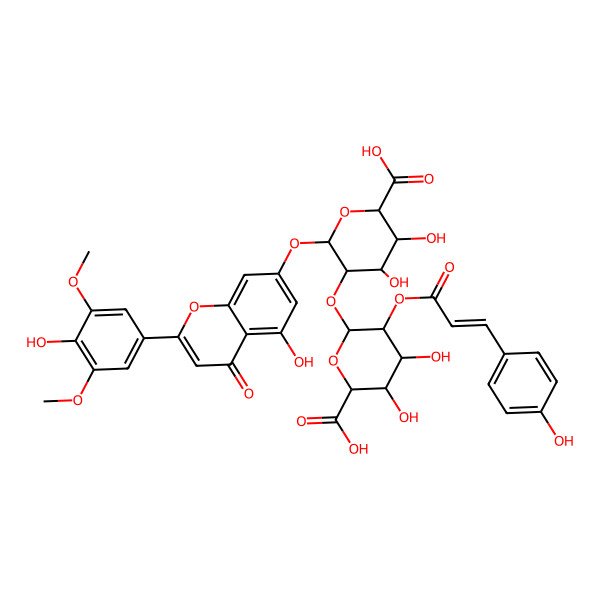2D Structure of (2S,3S,4S,5R,6S)-5-[(2R,3R,4S,5S,6S)-6-carboxy-4,5-dihydroxy-3-[(E)-3-(4-hydroxyphenyl)prop-2-enoyl]oxyoxan-2-yl]oxy-3,4-dihydroxy-6-[5-hydroxy-2-(4-hydroxy-3,5-dimethoxyphenyl)-4-oxochromen-7-yl]oxyoxane-2-carboxylic acid