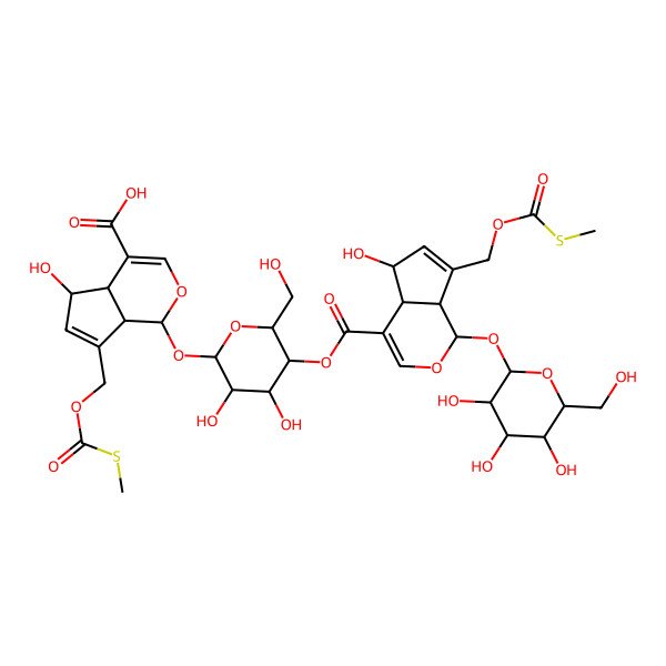2D Structure of (1S,4aS,5R,7aS)-1-[(2S,3R,4R,5S,6R)-5-[(1S,4aS,5R,7aS)-5-hydroxy-7-(methylsulfanylcarbonyloxymethyl)-1-[(2S,3R,4S,5S,6R)-3,4,5-trihydroxy-6-(hydroxymethyl)oxan-2-yl]oxy-1,4a,5,7a-tetrahydrocyclopenta[c]pyran-4-carbonyl]oxy-3,4-dihydroxy-6-(hydroxymethyl)oxan-2-yl]oxy-5-hydroxy-7-(methylsulfanylcarbonyloxymethyl)-1,4a,5,7a-tetrahydrocyclopenta[c]pyran-4-carboxylic acid