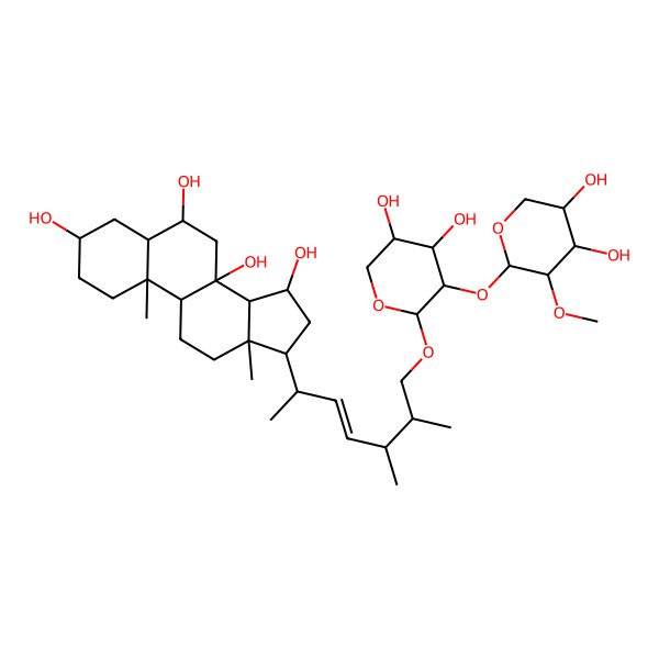 2D Structure of (3S,5S,6S,8S,9R,10S,13R,14S,15R,17R)-17-[(E,2R,5R,6S)-7-[(2R,3R,4S,5R)-3-[(2S,3R,4S,5R)-4,5-dihydroxy-3-methoxyoxan-2-yl]oxy-4,5-dihydroxyoxan-2-yl]oxy-5,6-dimethylhept-3-en-2-yl]-10,13-dimethyl-1,2,3,4,5,6,7,9,11,12,14,15,16,17-tetradecahydrocyclopenta[a]phenanthrene-3,6,8,15-tetrol