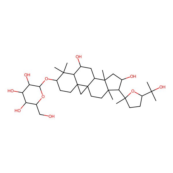 2D Structure of (2R,3R,4S,5S,6R)-2-[[(1S,3R,6S,8R,9S,11S,12S,14S,15R,16R)-9,14-dihydroxy-15-[(2S,5R)-5-(2-hydroxypropan-2-yl)-2-methyloxolan-2-yl]-7,7,12,16-tetramethyl-6-pentacyclo[9.7.0.01,3.03,8.012,16]octadecanyl]oxy]-6-(hydroxymethyl)oxane-3,4,5-triol