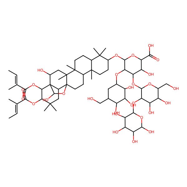 2D Structure of (2S,3S,4S,5R,6R)-6-[[(1R,2R,4S,5R,8R,10S,13R,14R,17S,18R,21R,22R,23R)-2,23-dihydroxy-4,5,9,9,13,20,20-heptamethyl-21,22-bis[[(Z)-2-methylbut-2-enoyl]oxy]-24-oxahexacyclo[15.5.2.01,18.04,17.05,14.08,13]tetracosan-10-yl]oxy]-4-[(2S,3R,4S,5R,6R)-4,5-dihydroxy-6-(hydroxymethyl)-3-[(2R,3R,4R,5R,6R)-3,4,5,6-tetrahydroxyoxan-2-yl]oxyoxan-2-yl]oxy-3-hydroxy-5-[(1R,2R,3S,4S,5R)-2,3,4-trihydroxy-5-(hydroxymethyl)cyclohexyl]oxyoxane-2-carboxylic acid