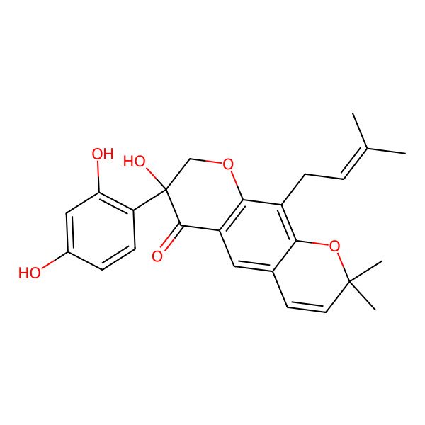 2D Structure of (7S)-7-(2,4-dihydroxyphenyl)-7-hydroxy-2,2-dimethyl-10-(3-methylbut-2-enyl)-8H-pyrano[3,2-g]chromen-6-one