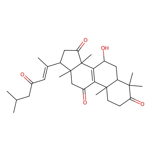 2D Structure of 7-Hydroxy-4,4,10,13,14-pentamethyl-17-(6-methyl-4-oxohept-2-en-2-yl)-1,2,5,6,7,12,16,17-octahydrocyclopenta[a]phenanthrene-3,11,15-trione