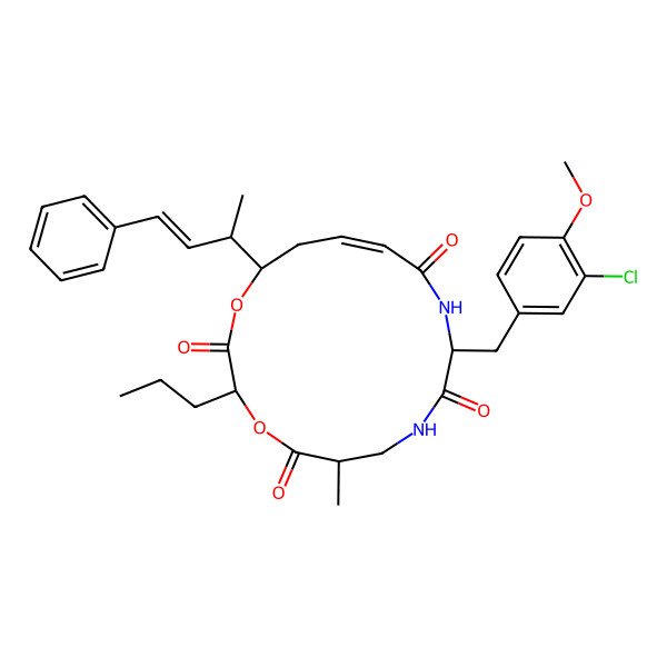 2D Structure of 10-[(3-Chloro-4-methoxyphenyl)methyl]-6-methyl-16-(4-phenylbut-3-en-2-yl)-3-propyl-1,4-dioxa-8,11-diazacyclohexadec-13-ene-2,5,9,12-tetrone