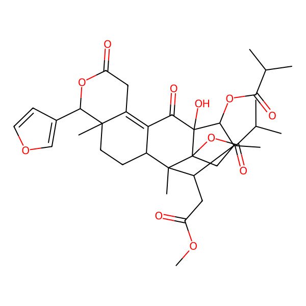 2D Structure of [6-(Furan-3-yl)-13-hydroxy-18-(2-methoxy-2-oxoethyl)-1,5,15-trimethyl-17-(2-methylpropanoyloxy)-8,12-dioxo-7-oxapentacyclo[13.2.1.02,11.05,10.013,17]octadec-10-en-14-yl] 2-methylpropanoate