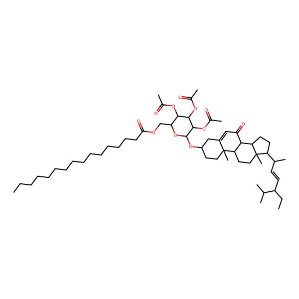 2D Structure of [(2R,3R,4S,5R,6R)-3,4,5-triacetyloxy-6-[[(3S,8S,9S,10R,13R,14S,17R)-17-[(E,2R,5S)-5-ethyl-6-methylhept-3-en-2-yl]-10,13-dimethyl-7-oxo-1,2,3,4,8,9,11,12,14,15,16,17-dodecahydrocyclopenta[a]phenanthren-3-yl]oxy]oxan-2-yl]methyl hexadecanoate