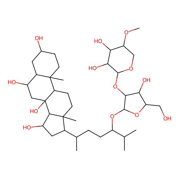 2D Structure of (3S,5S,6S,8S,9R,10S,13R,14S,15S,17R)-17-[(2R,5S)-5-[(2S,3S,4R,5R)-3-[(2S,3R,4R,5R)-3,4-dihydroxy-5-methoxyoxan-2-yl]oxy-4-hydroxy-5-(hydroxymethyl)oxolan-2-yl]oxy-6-methylheptan-2-yl]-10,13-dimethyl-1,2,3,4,5,6,7,9,11,12,14,15,16,17-tetradecahydrocyclopenta[a]phenanthrene-3,6,8,15-tetrol
