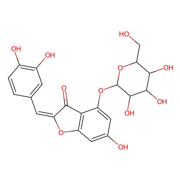2D Structure of 2-[(3,4-Dihydroxyphenyl)methylidene]-6-hydroxy-4-[3,4,5-trihydroxy-6-(hydroxymethyl)oxan-2-yl]oxy-1-benzofuran-3-one