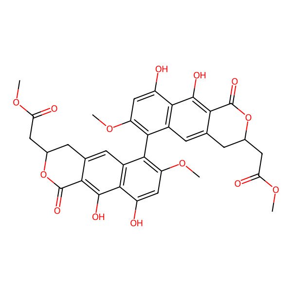 2D Structure of Dimethyl 2,2'-(9,9',10,10'-tetrahydroxy-7,7'-dimethoxy-1,1'-dioxo-3,3',4,4'-tetrahydro-[6,6'-binaphtho[2,3-c]pyran]-3,3'-diyl)diacetate