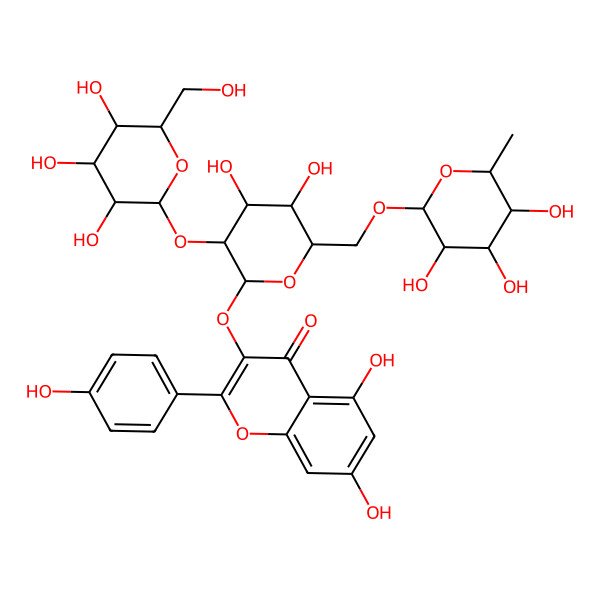 2D Structure of 3-[4,5-Dihydroxy-3-[3,4,5-trihydroxy-6-(hydroxymethyl)oxan-2-yl]oxy-6-[(3,4,5-trihydroxy-6-methyloxan-2-yl)oxymethyl]oxan-2-yl]oxy-5,7-dihydroxy-2-(4-hydroxyphenyl)chromen-4-one
