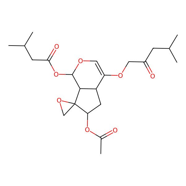 2D Structure of [(1S,4aS,6S,7R,7aS)-6-acetyloxy-4-(4-methyl-2-oxopentoxy)spiro[4a,5,6,7a-tetrahydro-1H-cyclopenta[c]pyran-7,2'-oxirane]-1-yl] 3-methylbutanoate