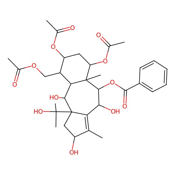 2D Structure of [6,8-Diacetyloxy-9-(acetyloxymethyl)-2,4,10-trihydroxy-10a-(2-hydroxypropan-2-yl)-3,5a-dimethyl-1,2,4,5,6,7,8,9,9a,10-decahydrobenzo[f]azulen-5-yl] benzoate