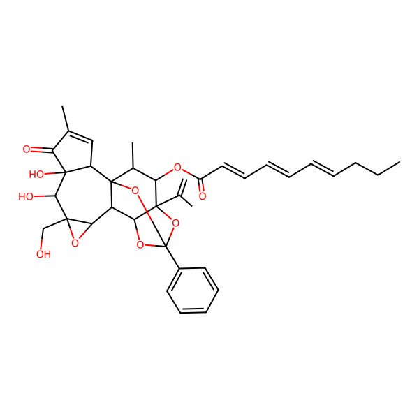 2D Structure of [(1R,2R,6S,7S,8R,10S,11S,12R,14S,16S,17R,18R)-6,7-dihydroxy-8-(hydroxymethyl)-16-isopropenyl-4,18-dimethyl-5-oxo-14-phenyl-9,13,15,19-tetraoxahexacyclo[12.4.1.01,11.02,6.08,10.012,16]nonadec-3-en-17-yl] (2E,4E,6E)-deca-2,4,6-trienoate