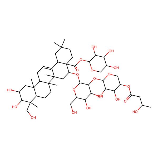 2D Structure of [(2S,3R,4S,5S)-3,4,5-trihydroxyoxan-2-yl] (4aR,5R,6aR,6aS,6bR,8aR,9R,10R,11S,12aR,14bS)-5-[(2R,3R,4S,5S,6R)-3-[(2S,3R,4R,5S)-3,4-dihydroxy-5-[(3S)-3-hydroxybutanoyl]oxyoxan-2-yl]oxy-4,5-dihydroxy-6-(hydroxymethyl)oxan-2-yl]oxy-10,11-dihydroxy-9-(hydroxymethyl)-2,2,6a,6b,9,12a-hexamethyl-1,3,4,5,6,6a,7,8,8a,10,11,12,13,14b-tetradecahydropicene-4a-carboxylate