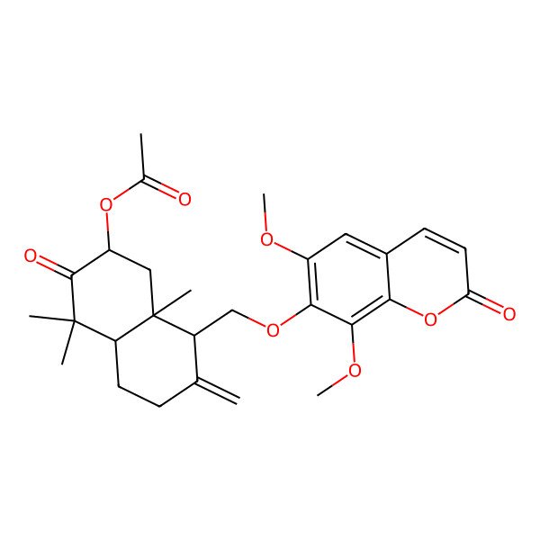 2D Structure of [(2R,4aS,8S,8aR)-8-[(6,8-dimethoxy-2-oxochromen-7-yl)oxymethyl]-4,4,8a-trimethyl-7-methylidene-3-oxo-1,2,4a,5,6,8-hexahydronaphthalen-2-yl] acetate