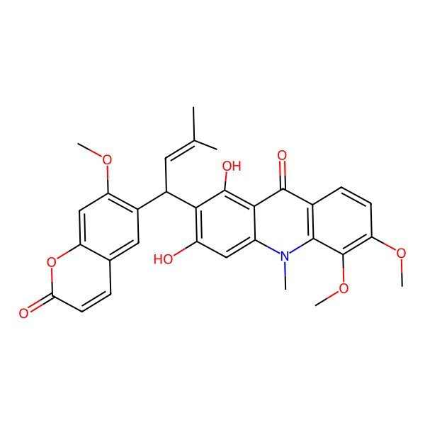 2D Structure of 1,3-dihydroxy-5,6-dimethoxy-2-[(1R)-1-(7-methoxy-2-oxochromen-6-yl)-3-methylbut-2-enyl]-10-methylacridin-9-one