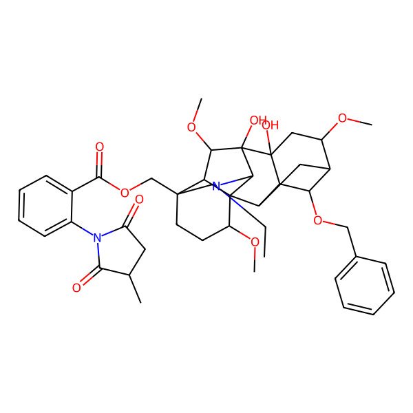 2D Structure of [(1S,2R,3R,4S,5R,6S,8R,9S,10S,13S,16R,17R,18S)-11-ethyl-8,9-dihydroxy-6,16,18-trimethoxy-4-phenylmethoxy-11-azahexacyclo[7.7.2.12,5.01,10.03,8.013,17]nonadecan-13-yl]methyl 2-[(3S)-3-methyl-2,5-dioxopyrrolidin-1-yl]benzoate