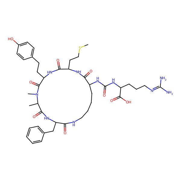 2D Structure of 2-[[3-Benzyl-9-[2-(4-hydroxyphenyl)ethyl]-6,7-dimethyl-12-(2-methylsulfanylethyl)-2,5,8,11,14-pentaoxo-1,4,7,10,13-pentazacyclononadec-15-yl]carbamoylamino]-5-(diaminomethylideneamino)pentanoic acid