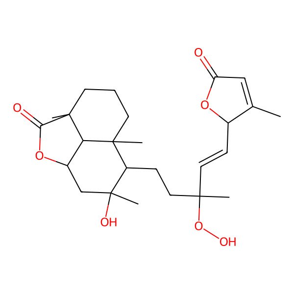 2D Structure of (1S,4R,8S,9R,10R,12R)-9-[(E,3R)-3-hydroperoxy-3-methyl-5-[(2S)-3-methyl-5-oxo-2H-furan-2-yl]pent-4-enyl]-10-hydroxy-4,8,10-trimethyl-2-oxatricyclo[6.3.1.04,12]dodecan-3-one