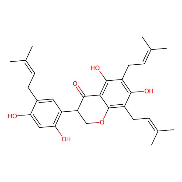 2D Structure of (3S)-3-[2,4-dihydroxy-5-(3-methylbut-2-enyl)phenyl]-5,7-dihydroxy-6,8-bis(3-methylbut-2-enyl)-2,3-dihydrochromen-4-one
