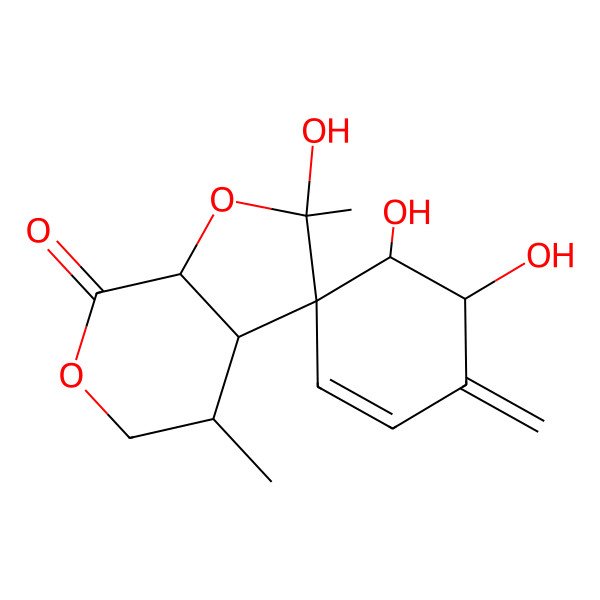2D Structure of (2S,3S,3aR,4S,4'S,5'S,7aS)-2,4',5'-trihydroxy-2,4-dimethyl-6'-methylidenespiro[3a,4,5,7a-tetrahydrofuro[2,3-c]pyran-3,3'-cyclohexene]-7-one