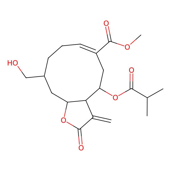 2D Structure of methyl (3aS,4R,6E,10R,11aR)-10-(hydroxymethyl)-3-methylidene-4-(2-methylpropanoyloxy)-2-oxo-3a,4,5,8,9,10,11,11a-octahydrocyclodeca[b]furan-6-carboxylate