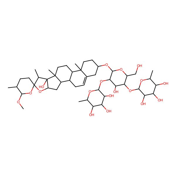 2D Structure of (2S,3R,4R,5R,6S)-2-[(2R,3S,4S,5R,6R)-4-hydroxy-6-[(1R,2S,4S,5'R,6S,6'R,7S,8S,9S,12S,13R,16S)-8-hydroxy-6'-methoxy-5',7,9,13-tetramethylspiro[5-oxapentacyclo[10.8.0.02,9.04,8.013,18]icos-18-ene-6,2'-oxane]-16-yl]oxy-2-(hydroxymethyl)-5-[(2S,3R,4R,5R,6S)-3,4,5-trihydroxy-6-methyloxan-2-yl]oxyoxan-3-yl]oxy-6-methyloxane-3,4,5-triol