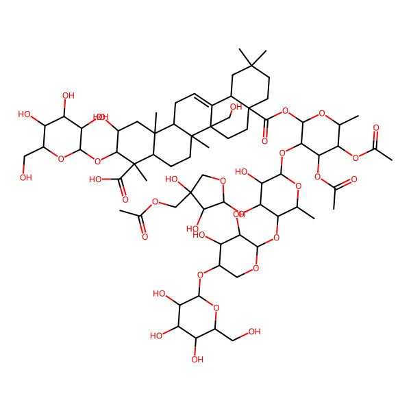 2D Structure of (2S,3R,4S,4aR,6aR,6bR,8aS,12aS,14aR,14bR)-8a-[(2S,3R,4S,5S,6R)-4,5-diacetyloxy-3-[(2S,3R,4S,5S,6S)-4-[(2S,3R,4S)-4-(acetyloxymethyl)-3,4-dihydroxyoxolan-2-yl]oxy-5-[(2S,3R,4R,5R)-3,4-dihydroxy-5-[(2S,3R,4S,5R,6R)-3,4,5-trihydroxy-6-(hydroxymethyl)oxan-2-yl]oxyoxan-2-yl]oxy-3-hydroxy-6-methyloxan-2-yl]oxy-6-methyloxan-2-yl]oxycarbonyl-2-hydroxy-6b-(hydroxymethyl)-4,6a,11,11,14b-pentamethyl-3-[(2R,3R,4S,5S,6R)-3,4,5-trihydroxy-6-(hydroxymethyl)oxan-2-yl]oxy-1,2,3,4a,5,6,7,8,9,10,12,12a,14,14a-tetradecahydropicene-4-carboxylic acid