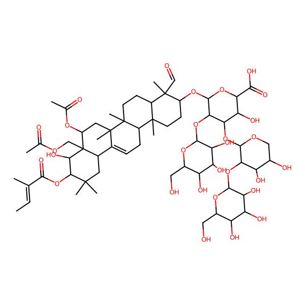 2D Structure of (2S,3S,4S,5R,6R)-6-[[(3S,4S,4aR,6aR,6bS,8R,8aS,9R,10R,12aS,14aR,14bR)-8-acetyloxy-8a-(acetyloxymethyl)-4-formyl-9-hydroxy-4,6a,6b,11,11,14b-hexamethyl-10-[(Z)-2-methylbut-2-enoyl]oxy-1,2,3,4a,5,6,7,8,9,10,12,12a,14,14a-tetradecahydropicen-3-yl]oxy]-4-[(2S,3R,4S,5S)-4,5-dihydroxy-3-[(2S,3R,4S,5S,6R)-3,4,5-trihydroxy-6-(hydroxymethyl)oxan-2-yl]oxyoxan-2-yl]oxy-3-hydroxy-5-[(2S,3R,4S,5R,6R)-3,4,5-trihydroxy-6-(hydroxymethyl)oxan-2-yl]oxyoxane-2-carboxylic acid