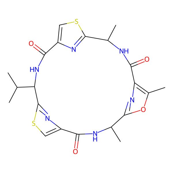 2D Structure of 4,7,11-Trimethyl-18-propan-2-yl-6-oxa-13,20-dithia-3,10,17,22,23,24-hexazatetracyclo[17.2.1.15,8.112,15]tetracosa-1(21),5(24),7,12(23),14,19(22)-hexaene-2,9,16-trione