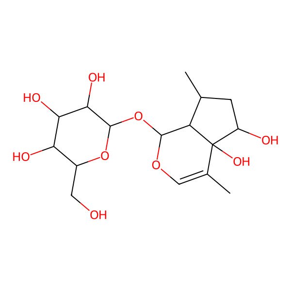 2D Structure of 2-[(4a,5-dihydroxy-4,7-dimethyl-5,6,7,7a-tetrahydro-1H-cyclopenta[c]pyran-1-yl)oxy]-6-(hydroxymethyl)oxane-3,4,5-triol