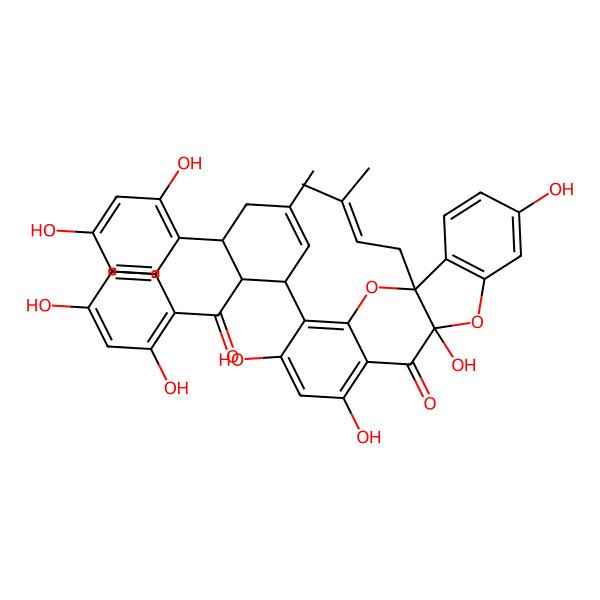2D Structure of (5aR,10aS)-4-[(1S,5S,6R)-6-(2,4-dihydroxybenzoyl)-5-(2,4-dihydroxyphenyl)-3-methylcyclohex-2-en-1-yl]-1,3,8,10a-tetrahydroxy-5a-(3-methylbut-2-enyl)-[1]benzofuro[3,2-b]chromen-11-one